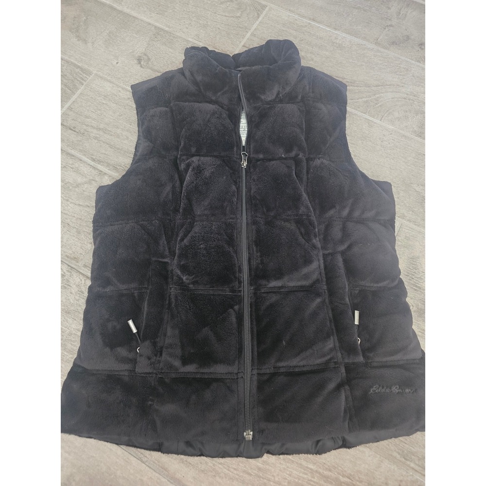 Eddie Bauer Womens Black Quilted Velour Fleece Vest Puffer Down Insulated Small